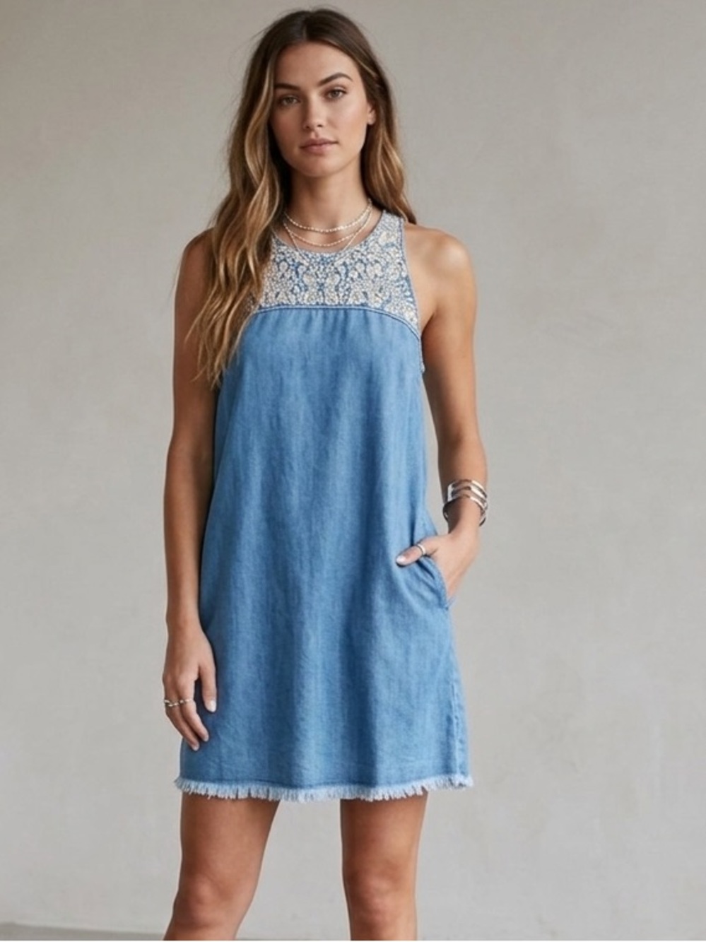 Abercrombie Denim Mini Tank Dress Floral Embroidered Lace Round Neck Raw Edge